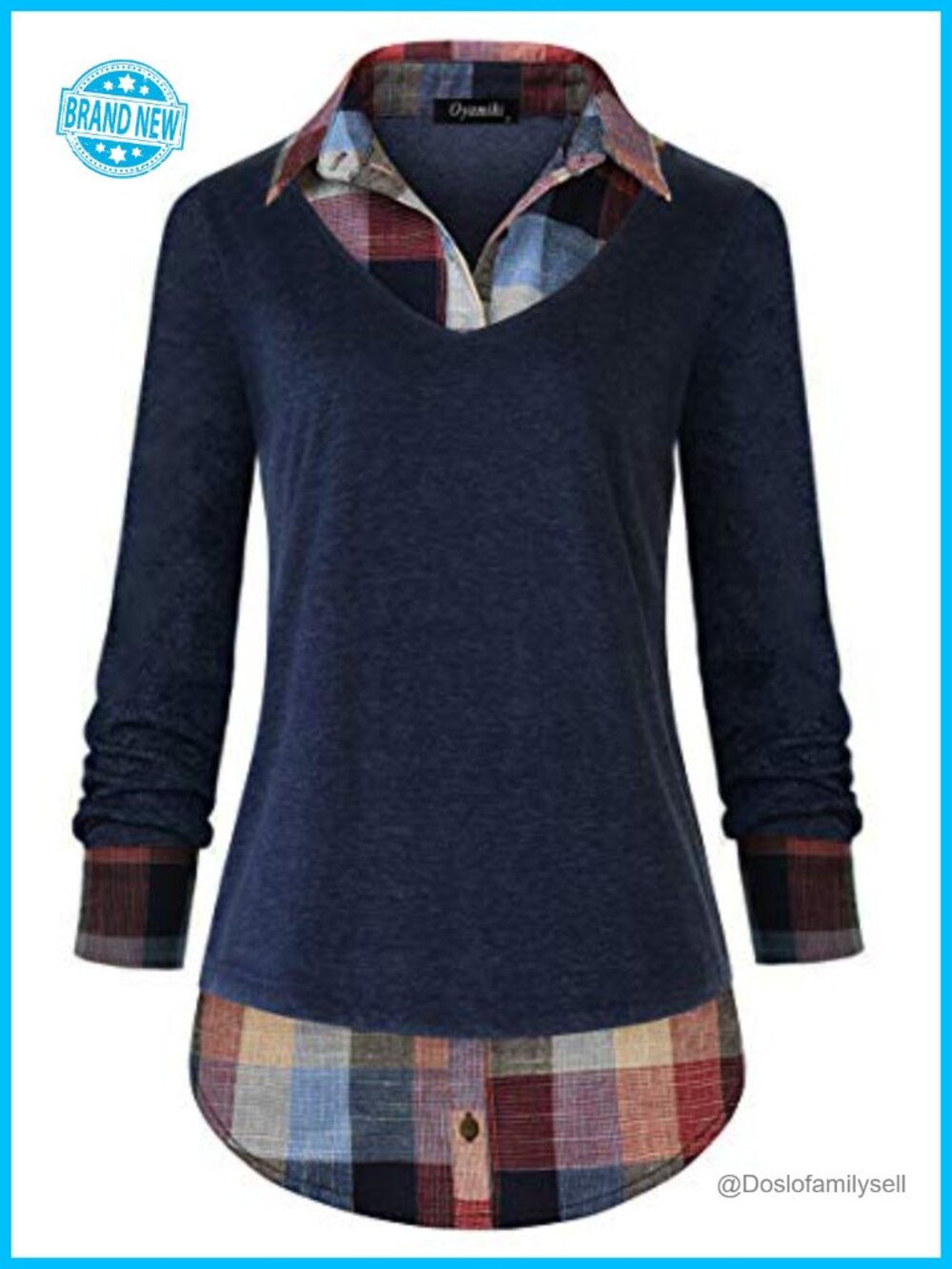 Women's 2 in 1 Collared Plaid Tunic Blouse Cotton Polyester Pullover Top